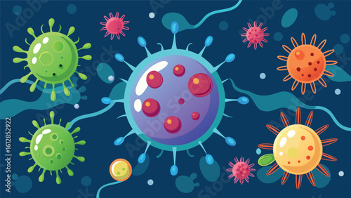 Colorful depiction of various microorganisms in a vibrant undersea world during daylight