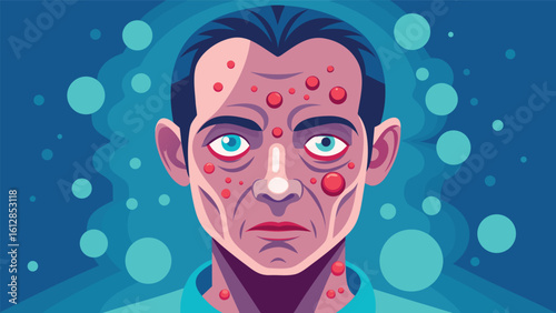 Portrait of a man with skin condition in vibrant digital art setting, emphasizing emotion and health impact