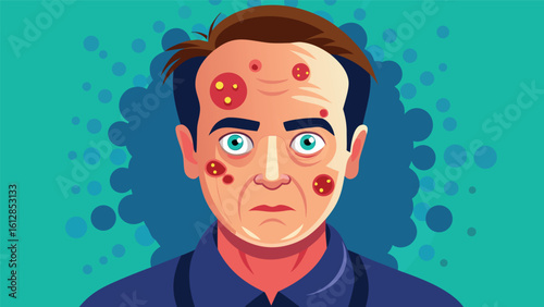 Man with facial blemishes expressing concern in a colorful background