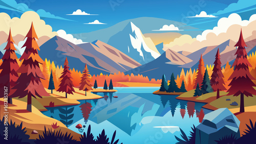 Colorful autumn landscape with mountains and reflective lake under a blue sky at sunset