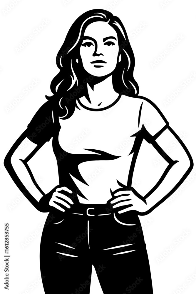 Confident Woman Standing with Hands on Hips - Empowered and Determined Pose Confident Woman Standing with Hands on Hips - Empowered and Determined Pose
