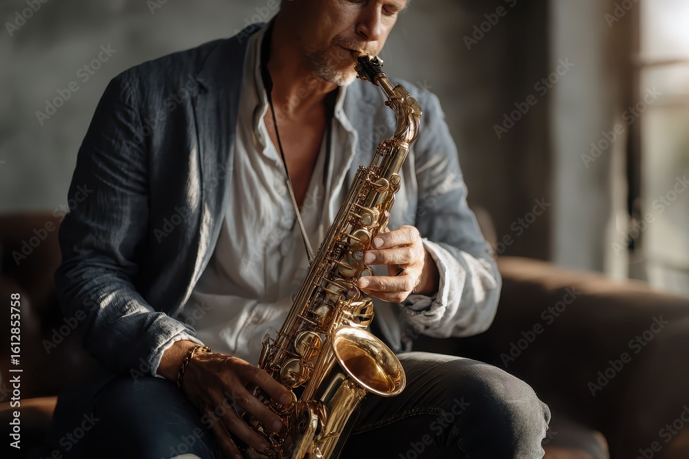 Obraz premium Saxophonist skillfully playing the saxophone in a soft-focused setting, creating a soulful atmosphere during a late afternoon session