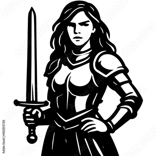 Valiant Woman Knight with Sword and Armor - Symbol of Strength and Bravery