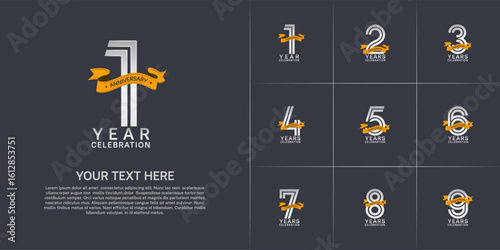 Anniversary logo style double line number set. white color with yellow ribbon for celebration event