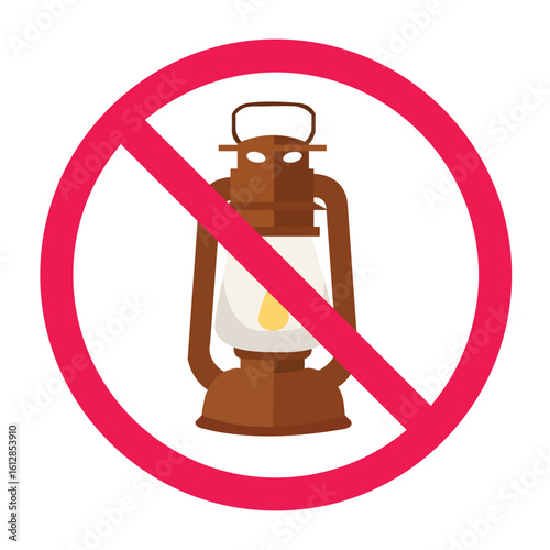 No oil lantern sign, forbidden kerosene lamp sign, no paraffin lamp symbol, flat vector illustration