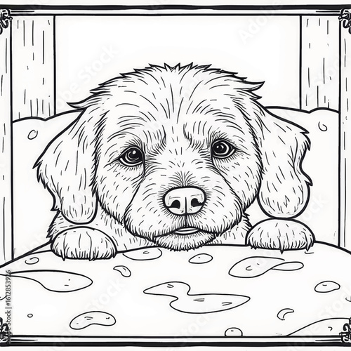 Cute dog resting on a bed with a sad expression and blank background  