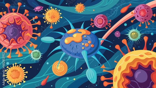 Colorful depiction of various microorganisms and bacteria floating in outer space with a vibrant cosmic background