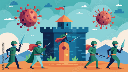 Soldiers defending a castle against a viral threat in a colorful digital artwork