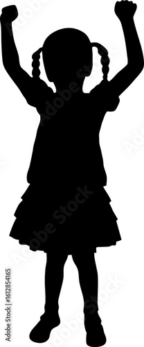 Triumphant Girl in Silhouette with Raised Arms and Pigtails Celebrating Joy Against White Background