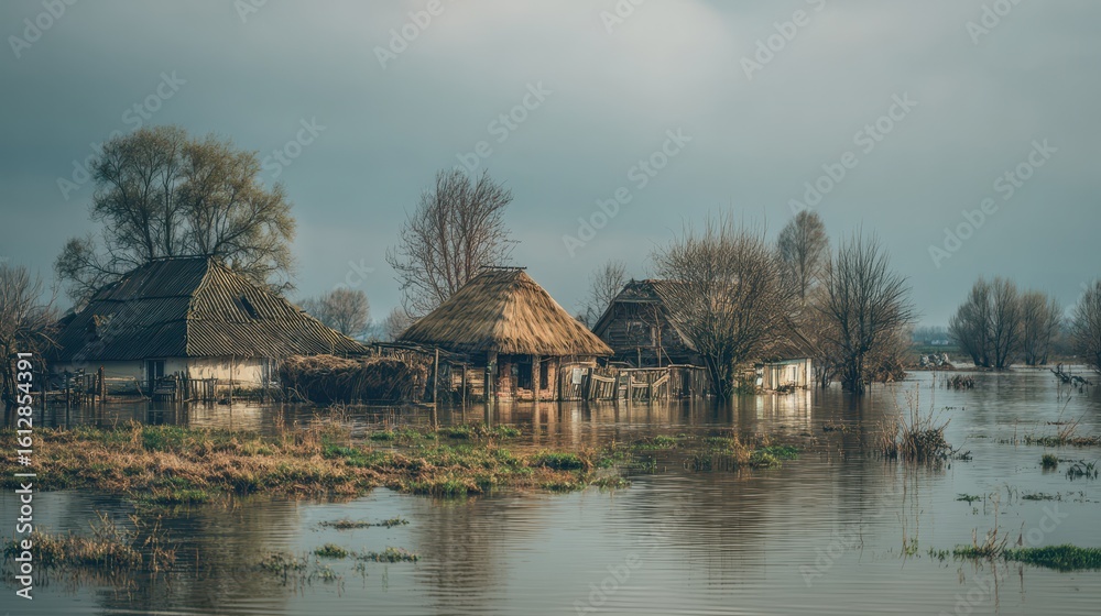 Fototapeta premium Agricultural Disaster: Flooded Field and Houses, Climate Change Consequence