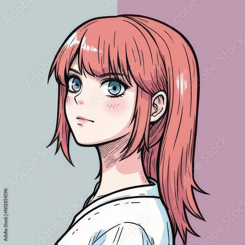 Young woman with pink hair looking sideways against a pastel background  