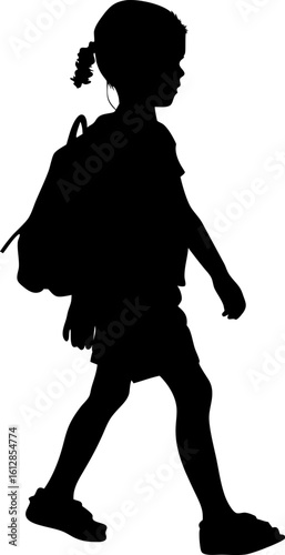 Young Girl Silhouette Walking Forward with Backpack and Pigtails Against a Clean White Background