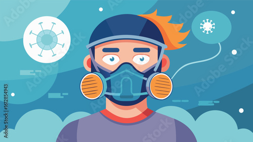 Young person wearing a mask against virus background, illustrating health and safety in modern society
