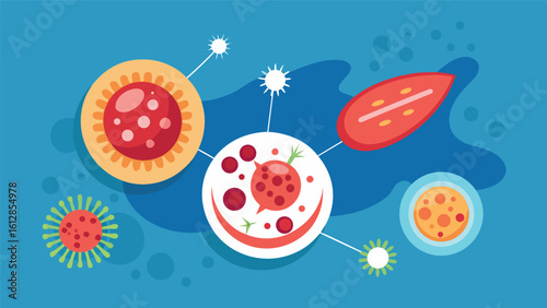 Microscopic organisms interacting in a vibrant digital illustration set against a blue background