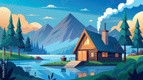 Scenic cabin by the tranquil lake surrounded by mountains and pine trees during a bright sunny day