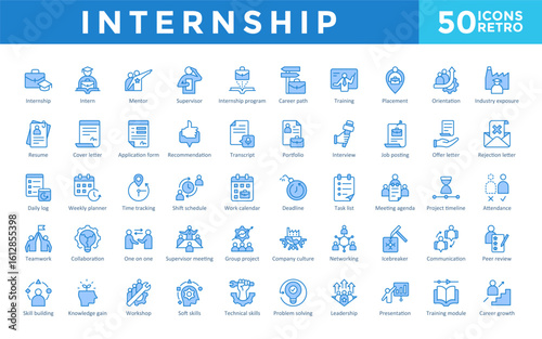 Internship icons set with internship, intern, mentor, supervisor, internship program, career path, training, placement, orientation, industry exposure icon. Simple retro vector 
