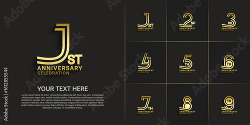 Anniversary logo style double line number set. gold color on black background for celebration event