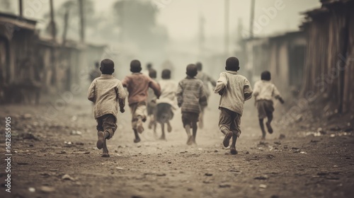 A group of children runs down a dusty road between shacks. Evokes childhood joy, resilience, or poverty issues for social commentary.