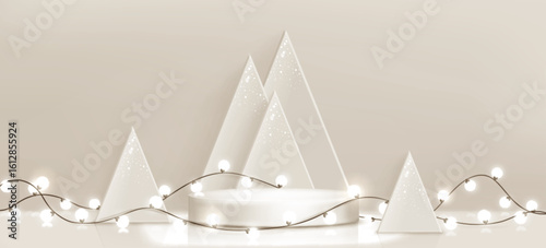Xmas podium with beige triangular trees, round platform wrapped by twisting bulb garland on cream minimalist background. Elegant Christmas holiday display for winter seasonal decoration scene.