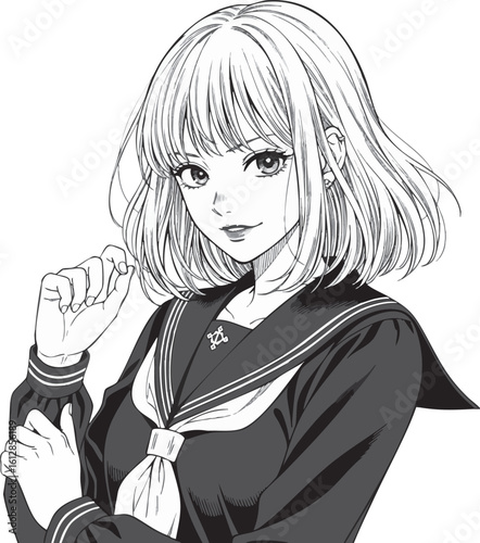 劇画風 キメ顔の女子高生 女の子 セーラー服 線画風 漫画風 ベクター