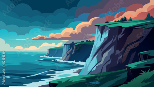 Cliffs overlook a vibrant ocean under a colorful sky during sunset
