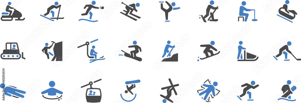 Naklejka premium Winter Sports Skiing Icons – Snowboard, Ski, Ice, Cold, Adventure, Athlete, Winter Games, Slalom, Snow, Competition, Downhill, Slope, Sport, Freeze, Speed, Gear, Outdoor