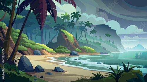 Lush tropical beach with palm trees and rocky shoreline near serene waters at dawn