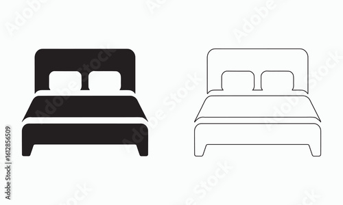 Simple black and white bed icon set for hotel or bedroom design
