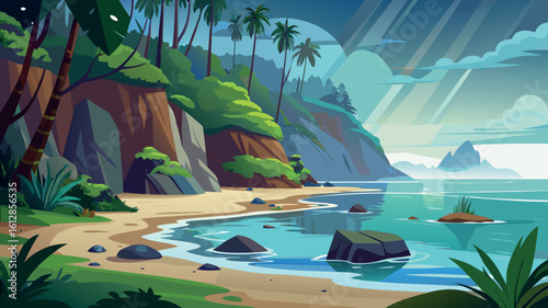 Coastal landscape with palm trees and calm waters during early morning light in a tropical setting