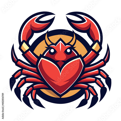 Stylish red crab graphic design featuring sharp claws and a heart on a circular background