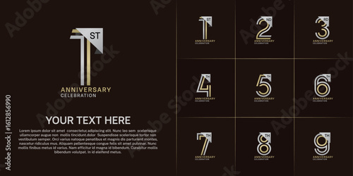 Anniversary logo type set with double line number. golden and silver color for celebration event