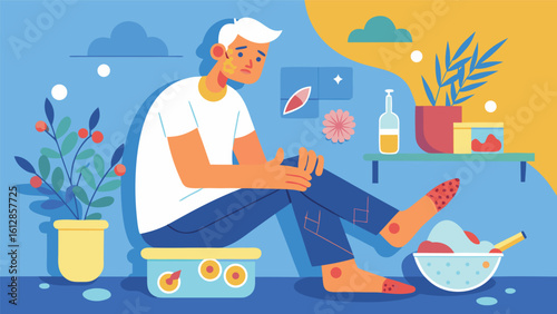 Young man sitting on the floor with colorful background and various items around him