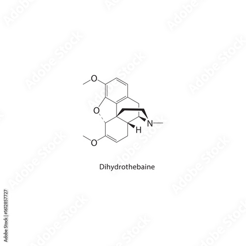Dihydrothebaine skeletal structure. Alkaloid compound schematic illustration. Simple diagram, chemical formula.
