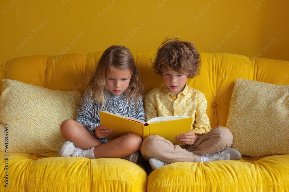 Happy siblings enjoying a reading session on a cozy yellow sofa in a bright and cheerful living room