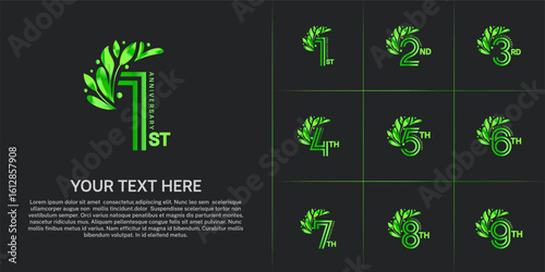 Anniversary logo type set with double line number and floral ornament. green color for celebration event