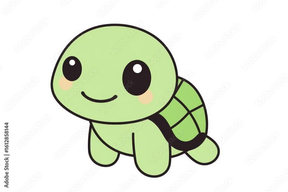 Fototapeta premium Cute cartoon turtle with large eyes and long neck in thick black outline style, simple kawaii animal vector design for kids coloring book and sticker print