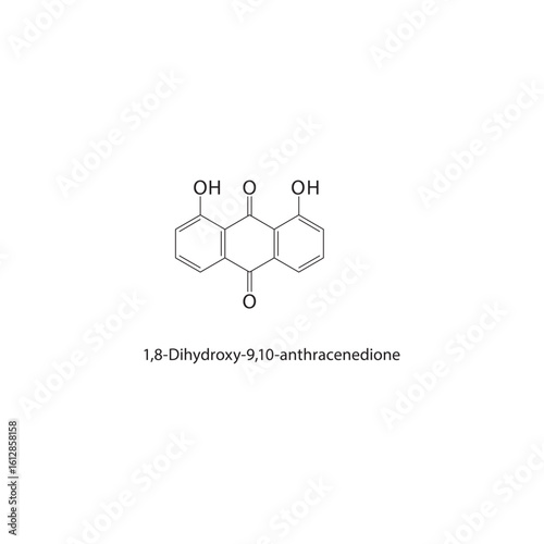 1,8-Dihydroxy-9,10-anthracenedione skeletal structure. Anthraquinone compound schematic illustration. Simple diagram, chemical formula.