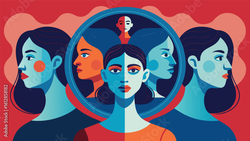 Multiple portrayals of a woman in vibrant colors highlighting identity and self-reflection