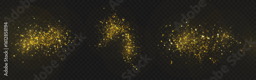 Gold dust explosions with shimmer particles - glowing yellow splatter bursts, metallic powder clouds and sparkling fragments. Luxury magic effects for celebration designs and festive decorations.