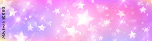 Sparkle unicorn background with glowing stars scattered on pink, yellow and red gradient. Magical bokeh lights floating on soft pastel bg for dreamy fantasy design, shimmering celestial atmosphere.