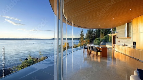 Modern home with curved glass walls showcasing ocean view. Dining area  kitchen  wooden ceiling  and scenic horizon