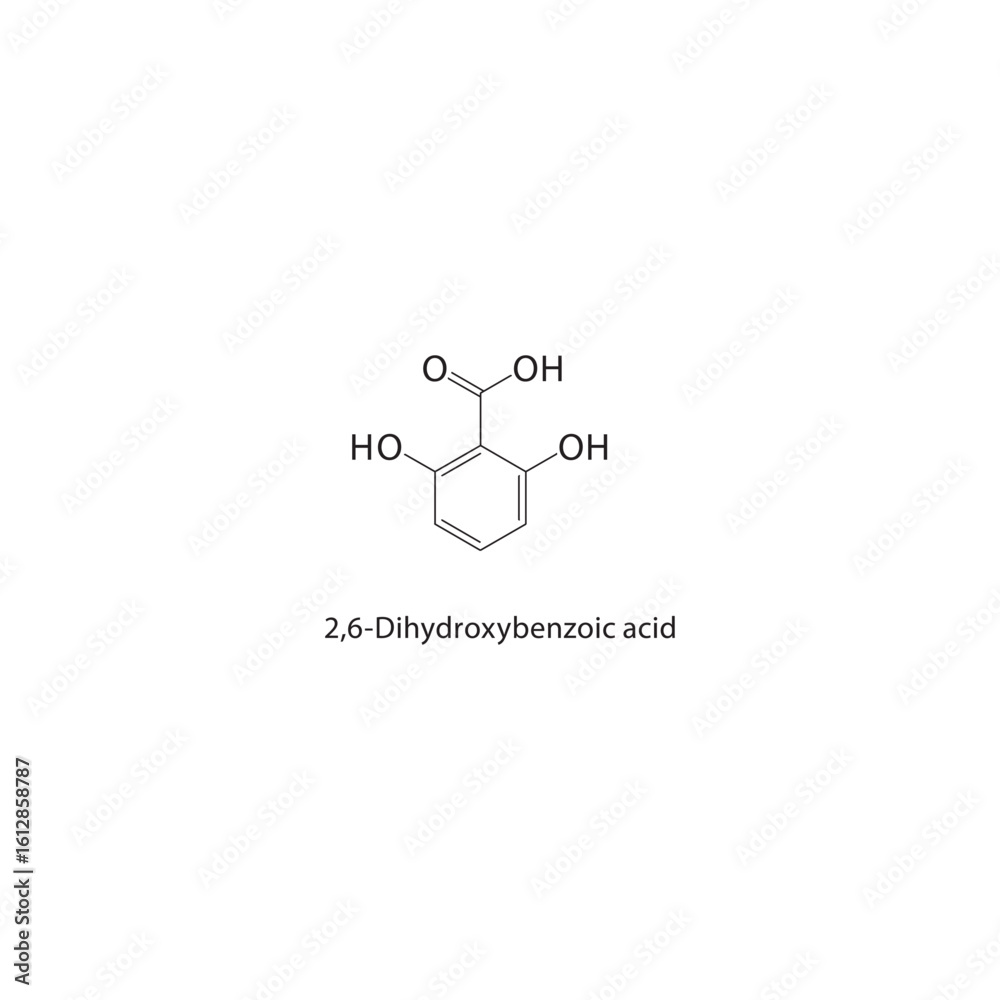 Obraz premium 2,6-Dihydroxybenzoic acid skeletal structure. Benzoic Acid compound schematic illustration. Simple diagram, chemical formula.