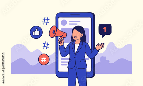 Vector Social Media Marketing Woman with Megaphone and Smartphone