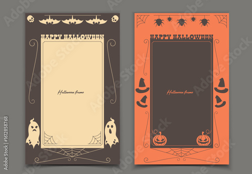 Halloween social media frame templates. Spooky brown border design with bats and skulls, ghosts and cobwebs. Orange layout decorated with spiders, pumpkins and witch hats. Vertical frames for stories