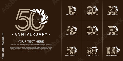 Anniversary logo type set with double line number and white floral ornament. brown color for celebration event