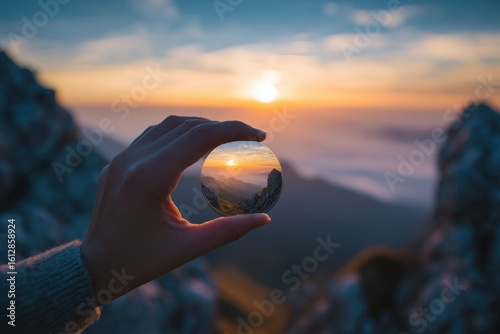 Bigger Picture. Adult Woman Hand Framing Perspective with Confidence at Sunrise on Mountain