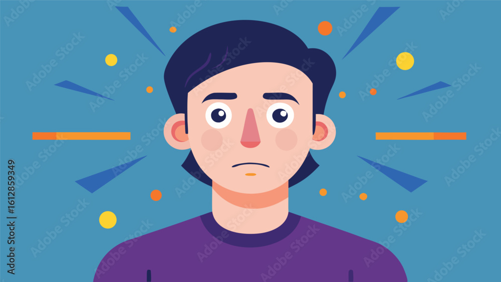 Young man with neutral expression surrounded by colorful abstract shapes in a digital illustration Young man with neutral expression surrounded by colorful abstract shapes in a digital illustration