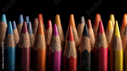 A close up of many colored pencils against a black background