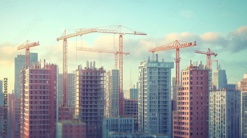 Fototapeta premium Cityscape under construction cranes and buildings rising