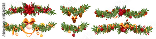 Branch garland cartoon set with festive pine decorations, red poinsettia flowers, golden ribbons, berries and pinecones on borders for Christmas designs. Evergreen foliage with holiday ornaments.